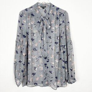 Express Sheer Blouse Women's Size L Grey Floral Print Tie-Front Pussycat Bow